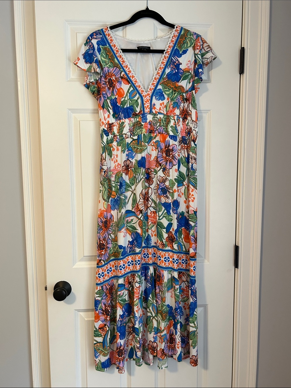 Adrianna Papell White Maxi Dress with Blue, Green & Orange Floral Print